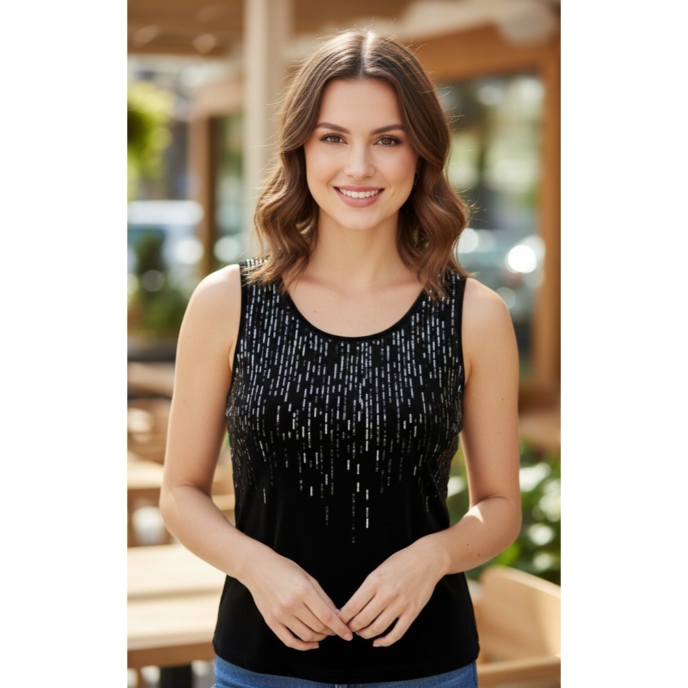 St. john Caviar Tank Top Women S Black Stretch Metallic Dashes Strips Scoop Neck